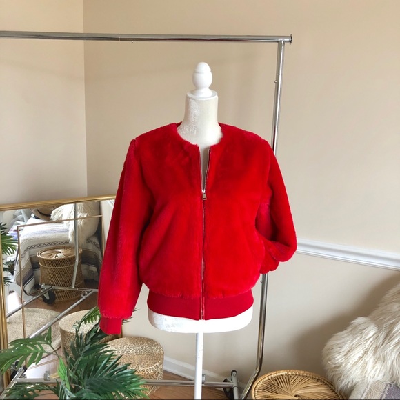 Miss Selfridge Jackets & Blazers - Miss Selfridge Red SOFT Faux Fur Bomber Jacket
